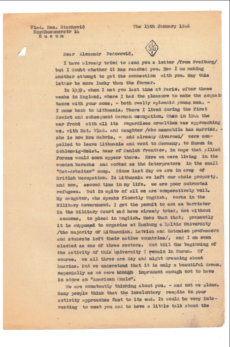 Prof. Vlado Stankos laiško Aleksandrui Fedorovičiui Kerenskiui fragmentas , 1946 m.